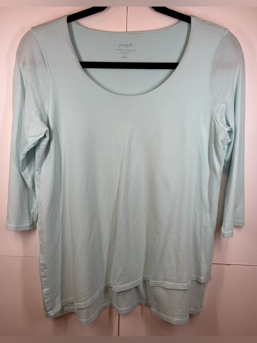 Pure Jill 3/4 Sleeve Artistic Tee Light Blue Layered Hem Small Petite